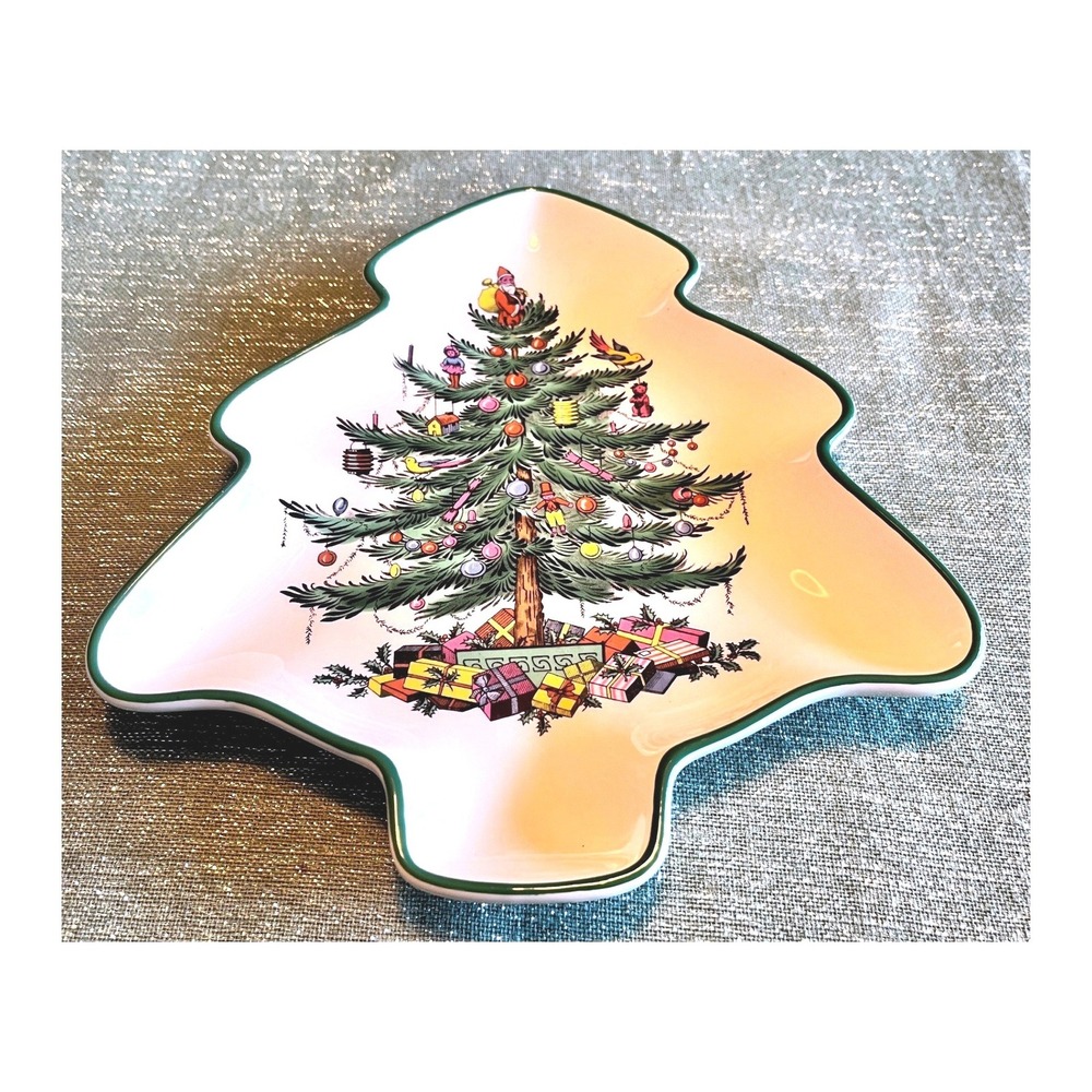 Spode Christmas Tree Shaped Candy Dish Earthenware England S3324-N 8 Inch
